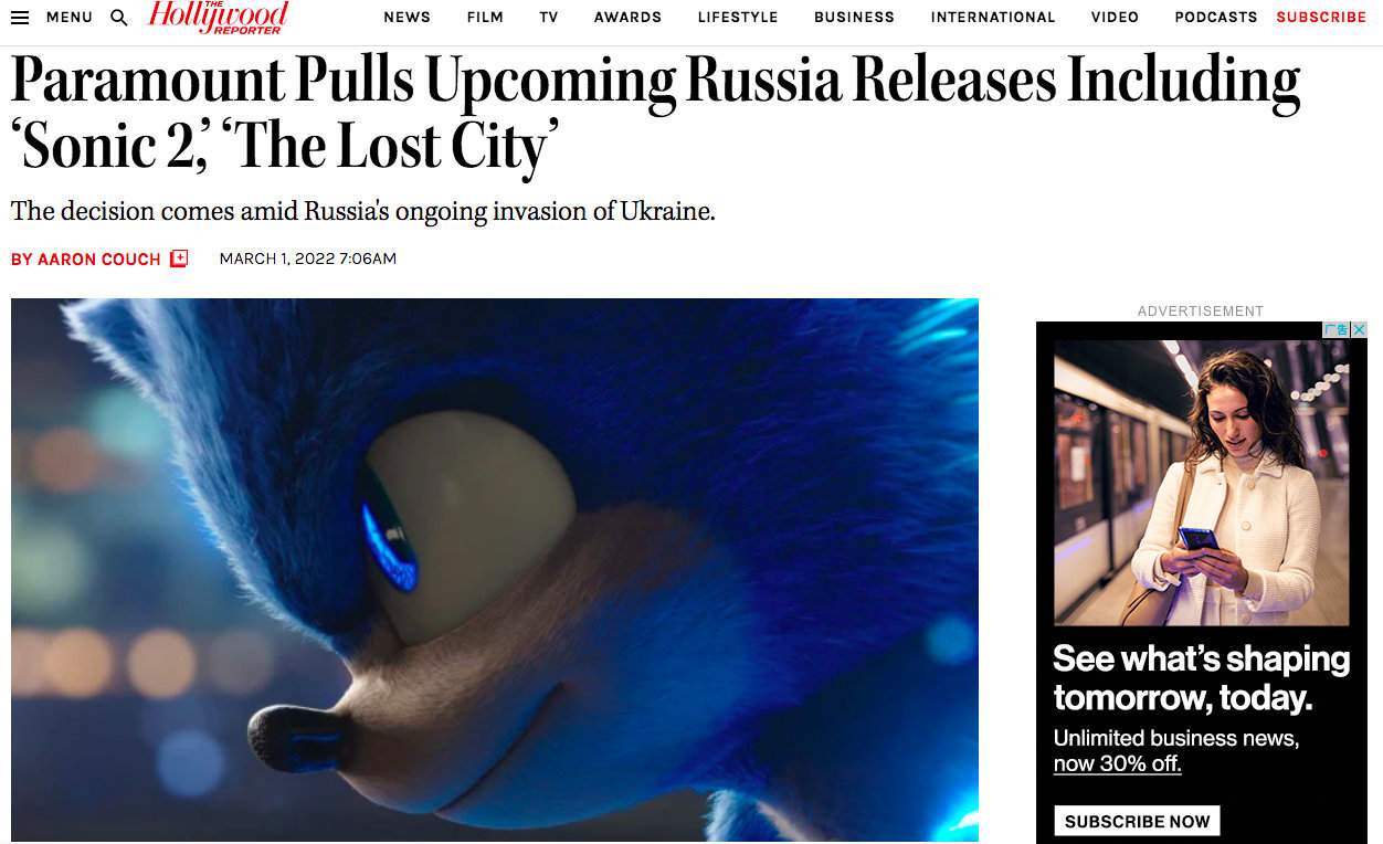 派拉蒙环球发表声明!好莱坞五大电影公司全部暂停新片在俄上映